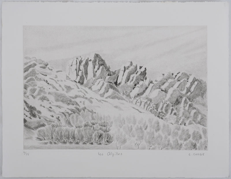Camille COMBE : Les Alpilles, Gravure originale signée