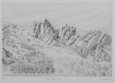Camille COMBE : Les Alpilles, Gravure originale signée