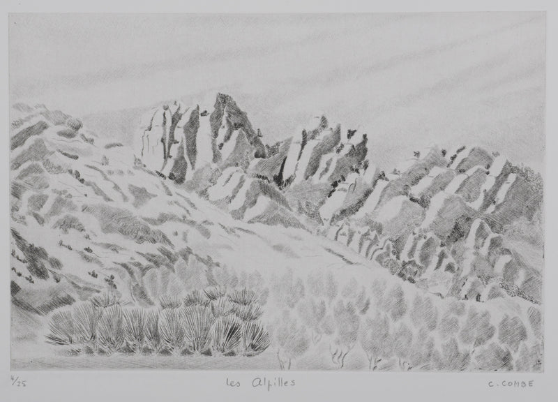 Camille COMBE : Les Alpilles, Gravure originale signée
