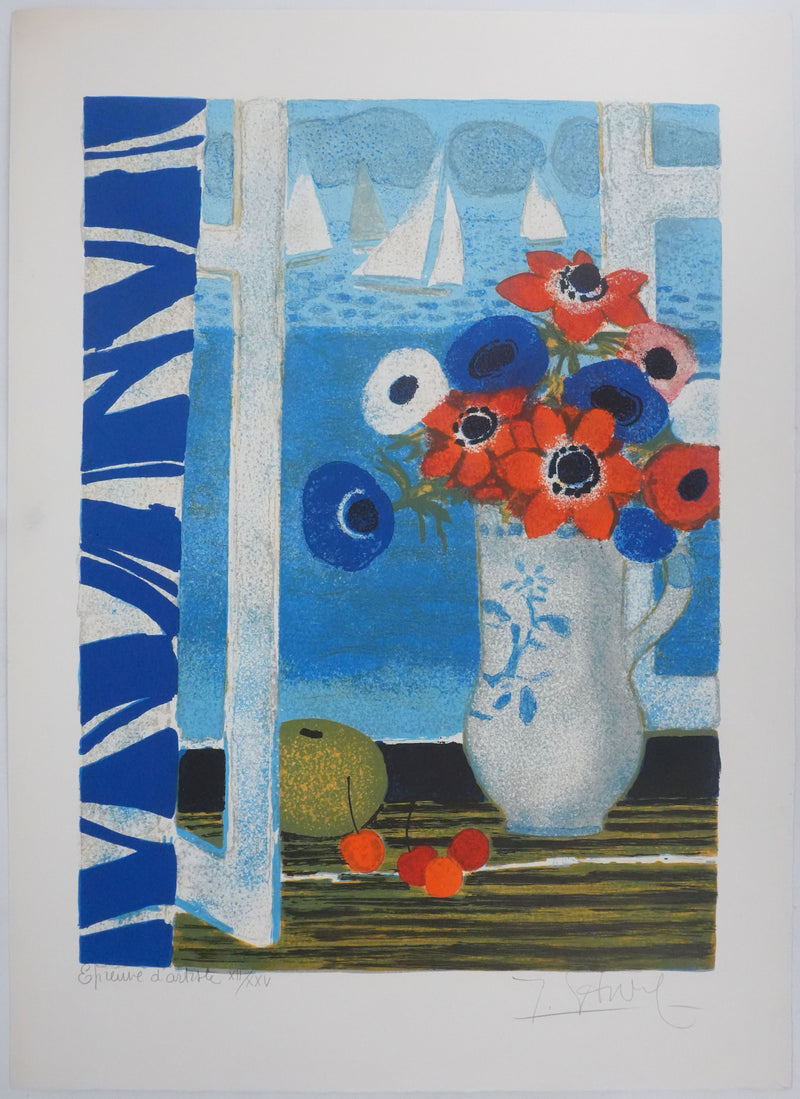 Yves GANNE : Bouquet de fleurs au bord de mer, Lithographie originale signée