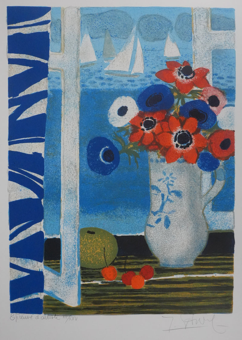 Yves GANNE : Bouquet de fleurs au bord de mer, Lithographie originale signée