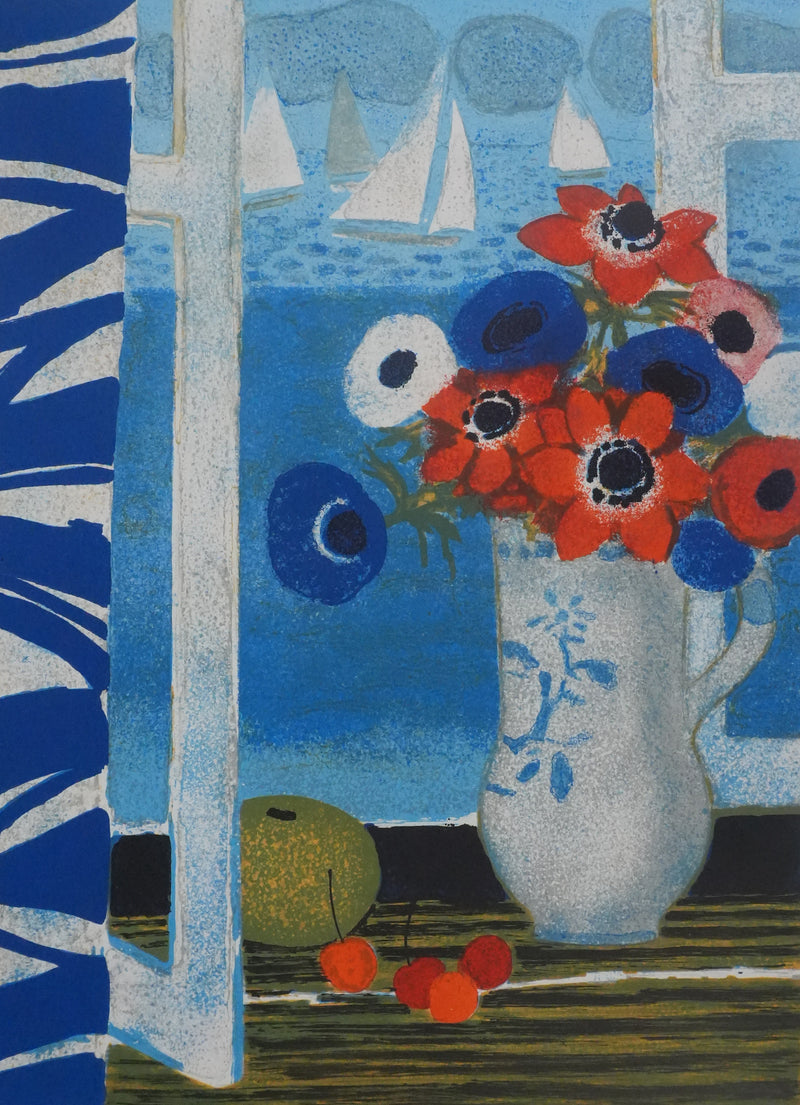 Yves GANNE : Bouquet de fleurs au bord de mer, Lithographie originale signée