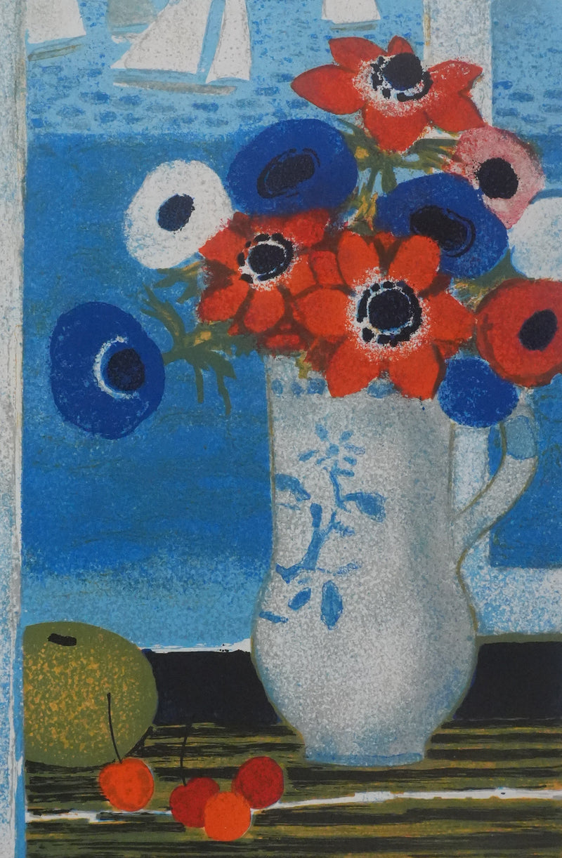Yves GANNE : Bouquet de fleurs au bord de mer, Lithographie originale signée