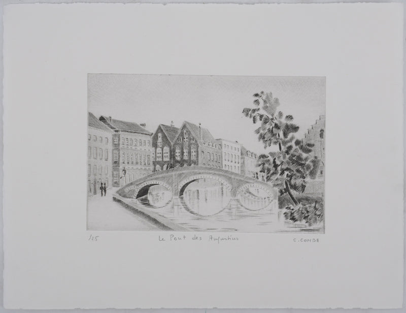 Camille COMBE : Le pont des Augustins, Gravure originale signée