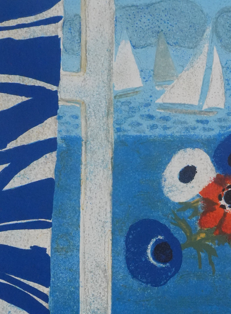 Yves GANNE : Bouquet de fleurs au bord de mer, Lithographie originale signée