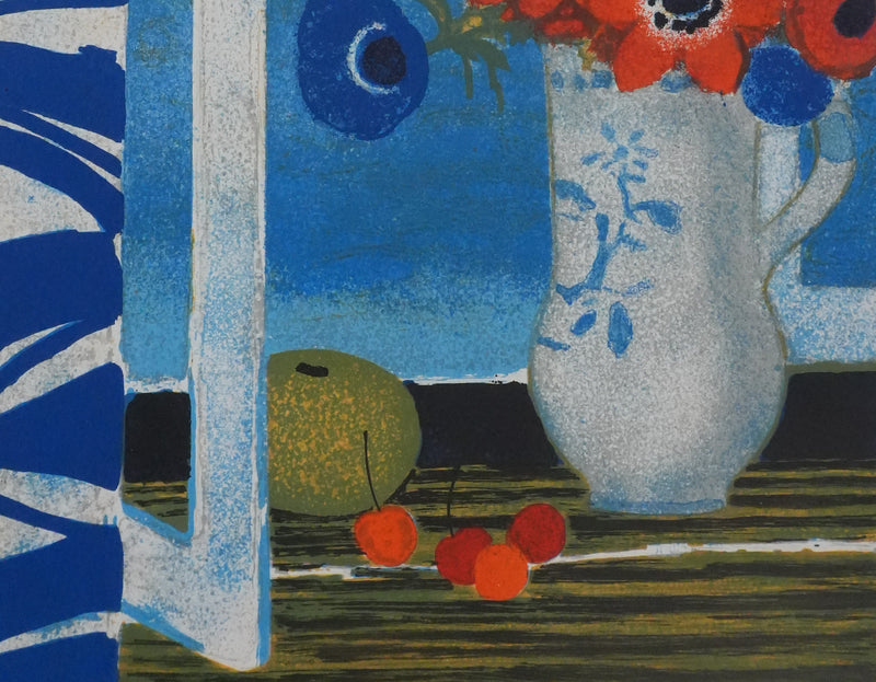 Yves GANNE : Bouquet de fleurs au bord de mer, Lithographie originale signée