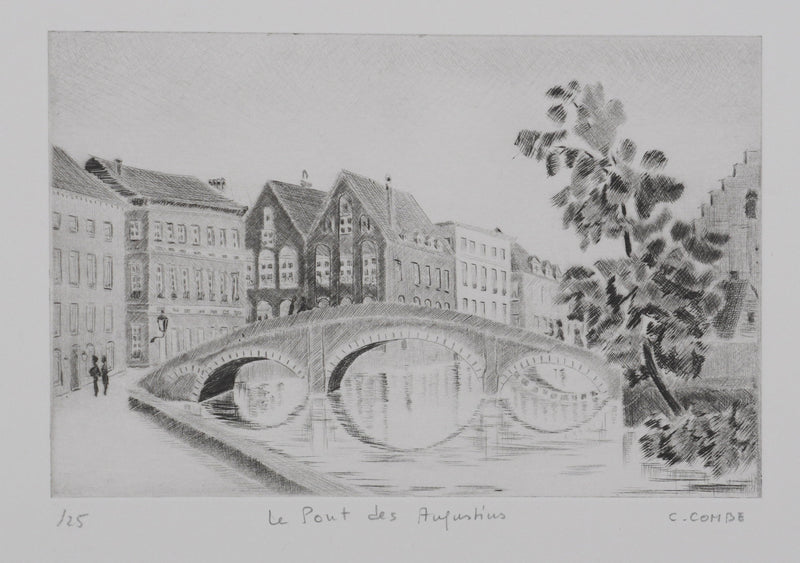 Camille COMBE : Le pont des Augustins, Gravure originale signée
