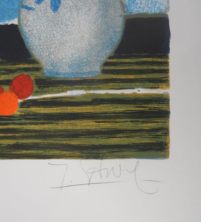 Yves GANNE : Bouquet de fleurs au bord de mer, Lithographie originale signée