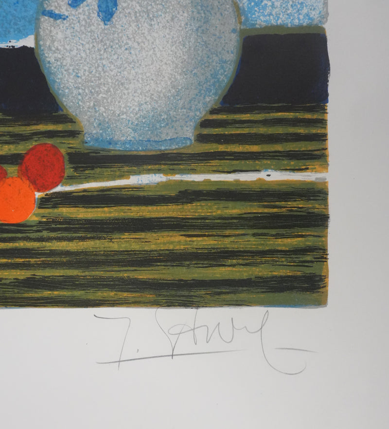 Yves GANNE : Bouquet de fleurs au bord de mer, Lithographie originale signée