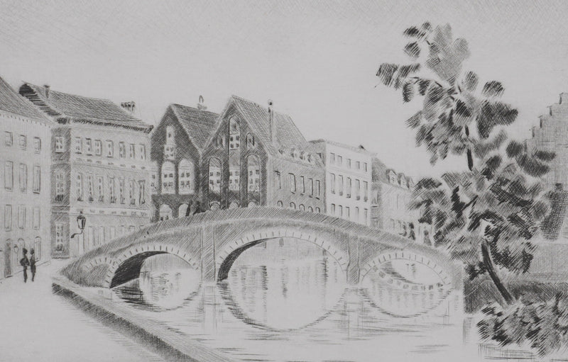 Camille COMBE : Le pont des Augustins, Gravure originale signée