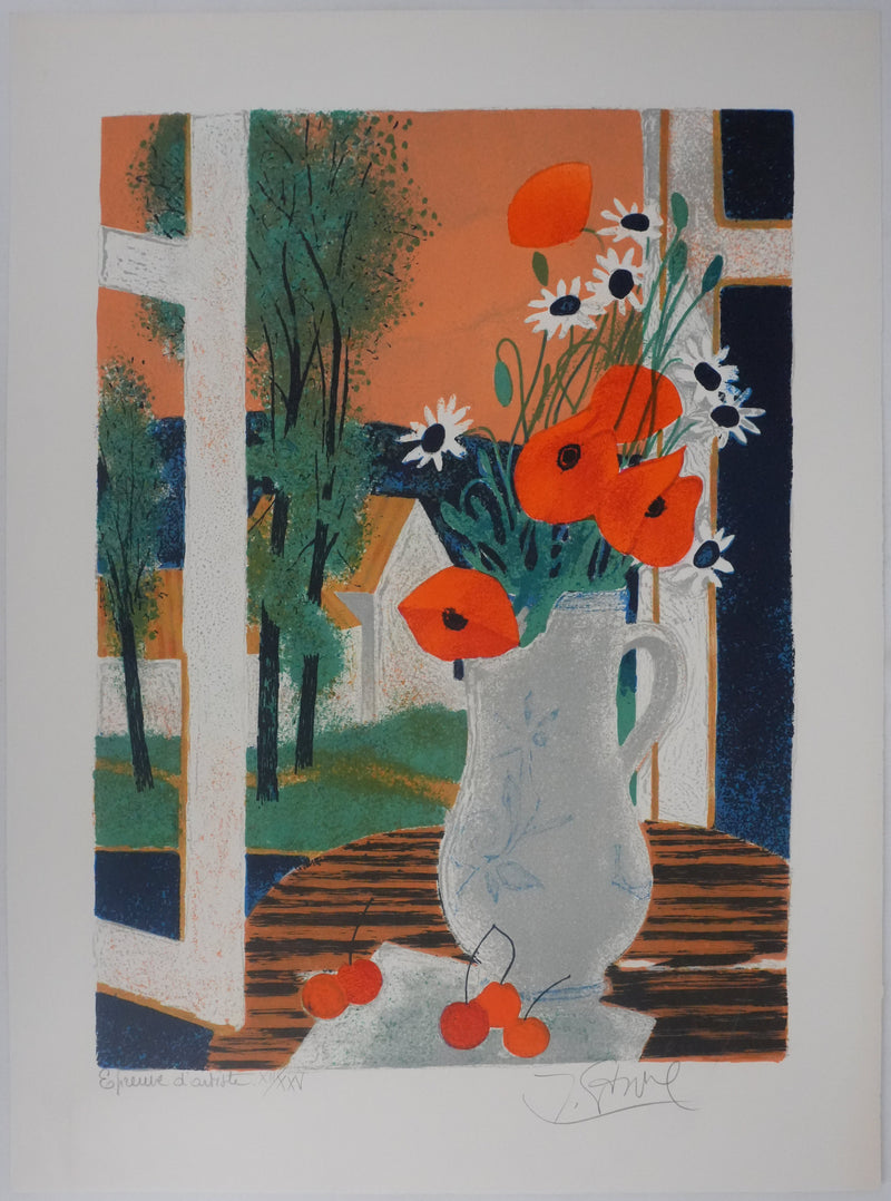 Yves GANNE : Bouquet de fleurs à la campagne, Lithographie originale signée