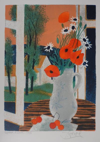 Yves GANNE : Bouquet de fleurs à la campagne, Lithographie originale signée