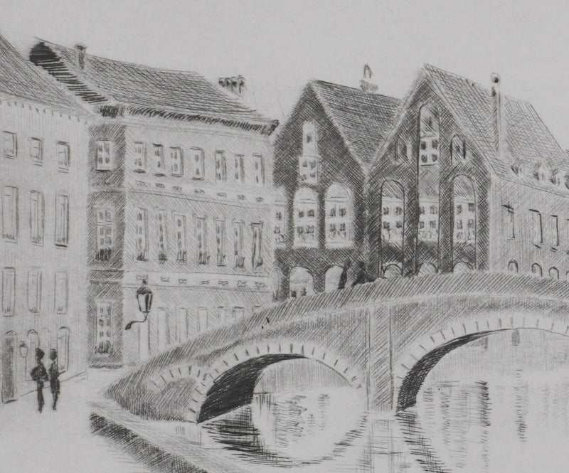 Camille COMBE : Le pont des Augustins, Gravure originale signée