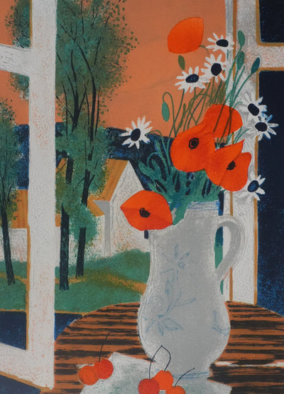 Yves GANNE : Bouquet de fleurs à la campagne, Lithographie originale signée