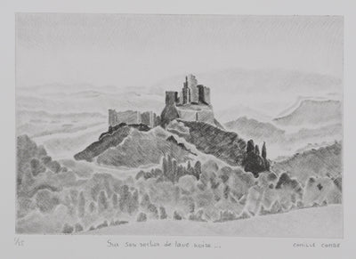 Camille COMBE : Sur son rocher de lave noire, Gravure originale signée