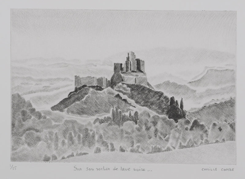 Camille COMBE : Sur son rocher de lave noire, Gravure originale signée