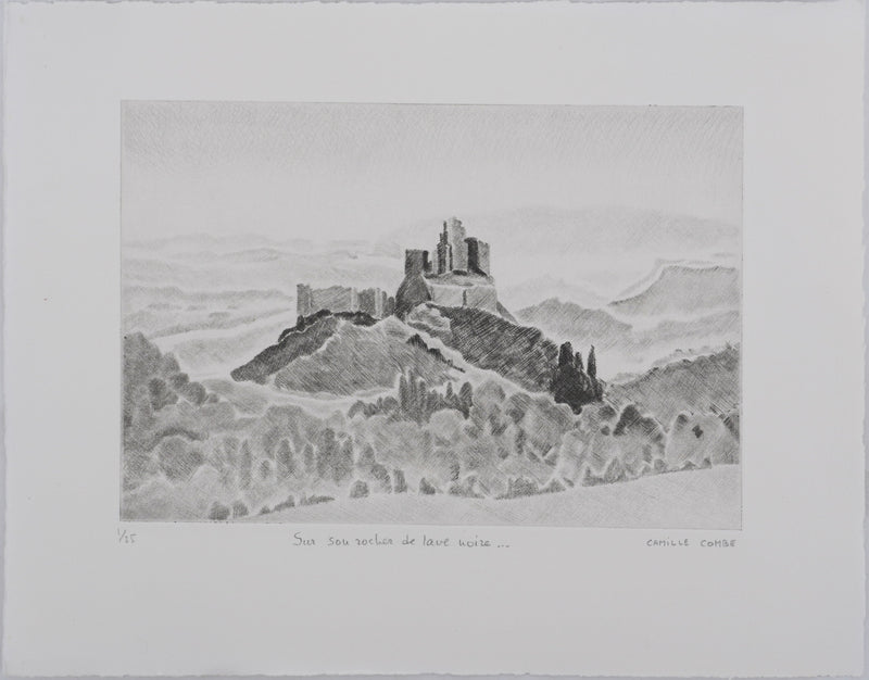 Camille COMBE : Sur son rocher de lave noire, Gravure originale signée