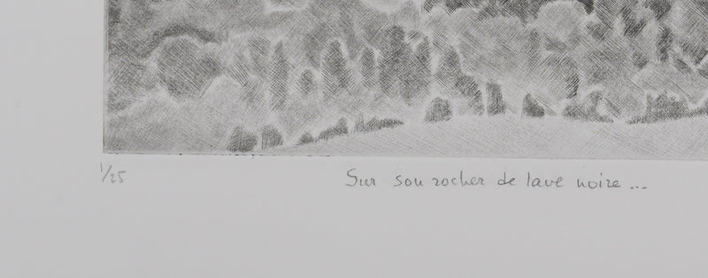 Camille COMBE : Sur son rocher de lave noire, Gravure originale signée