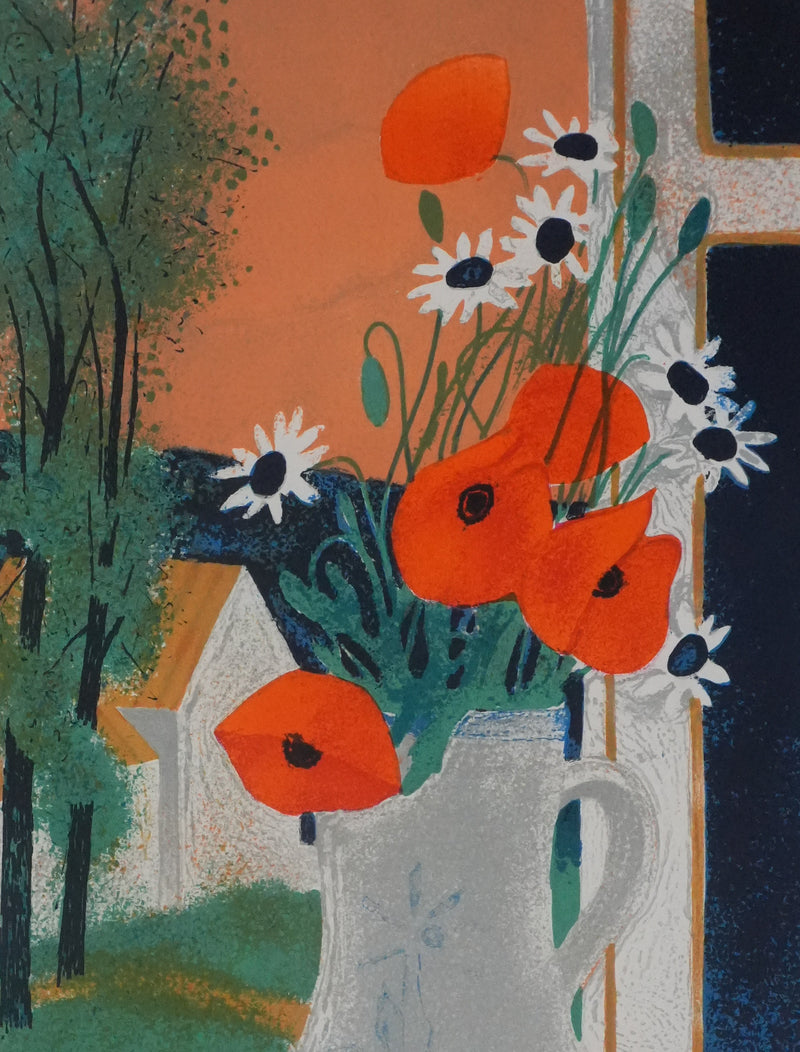 Yves GANNE : Bouquet de fleurs à la campagne, Lithographie originale signée