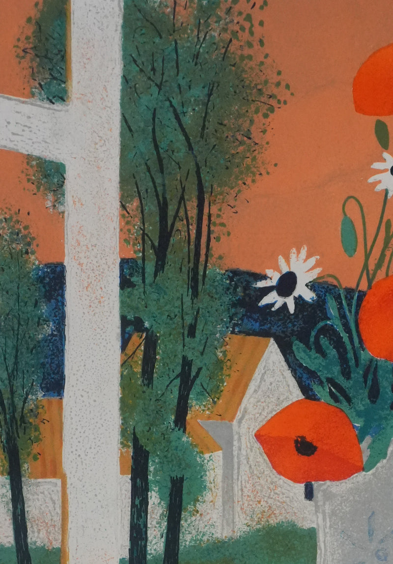 Yves GANNE : Bouquet de fleurs à la campagne, Lithographie originale signée