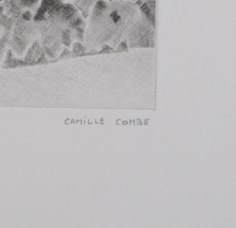 Camille COMBE : Sur son rocher de lave noire, Gravure originale signée