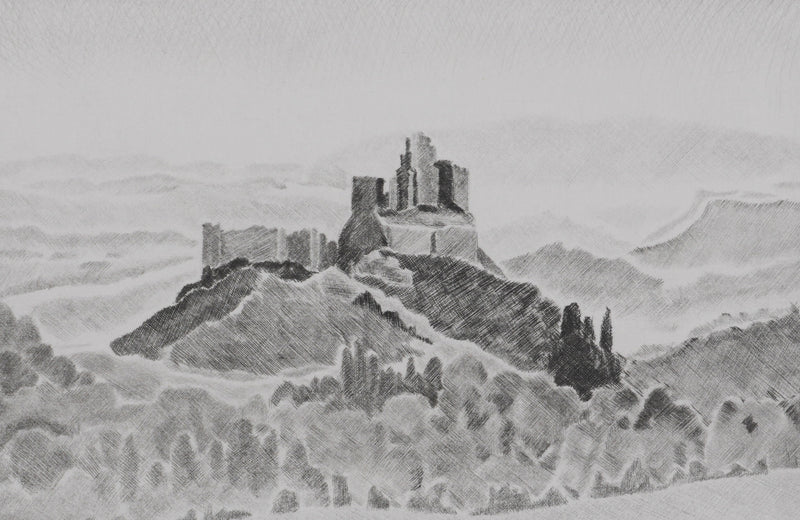 Camille COMBE : Sur son rocher de lave noire, Gravure originale signée