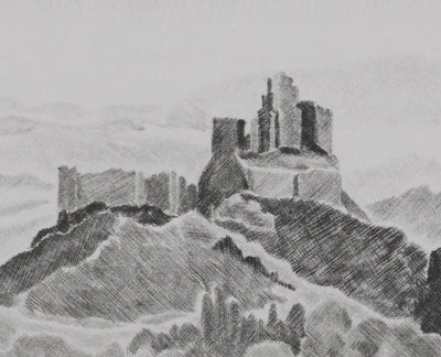 Camille COMBE : Sur son rocher de lave noire, Gravure originale signée