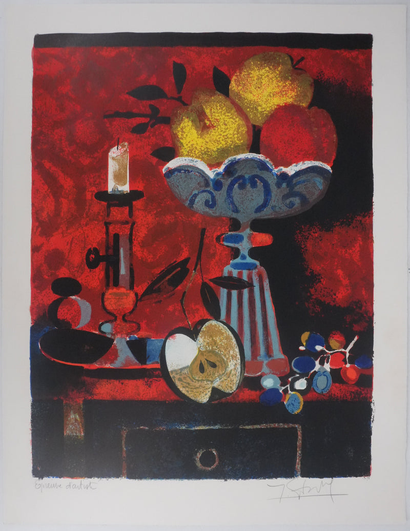 Yves GANNE : La coupe aux fruits, Lithographie originale signée