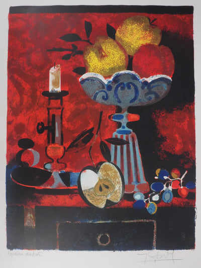 Yves GANNE : La coupe aux fruits, Lithographie originale signée