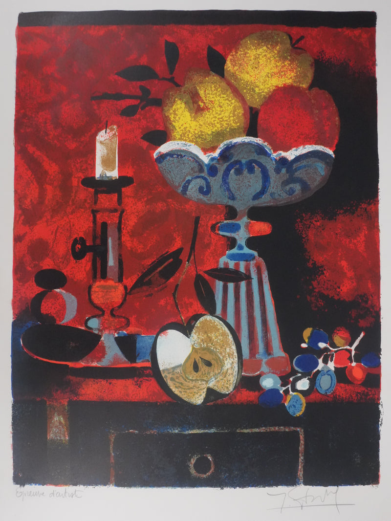 Yves GANNE : La coupe aux fruits, Lithographie originale signée