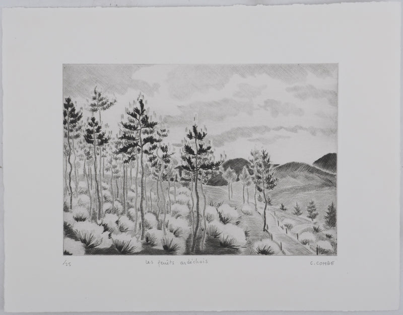 Camille COMBE : Les genêts ardéchois, Gravure originale signée
