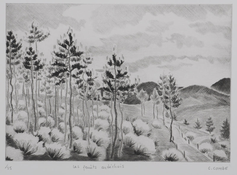 Camille COMBE : Les genêts ardéchois, Gravure originale signée