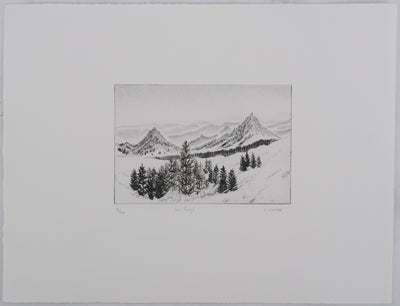 Camille COMBE : Les Puys, Gravure originale signée