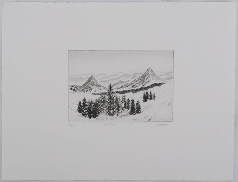 Camille COMBE : Les Puys, Gravure originale signée
