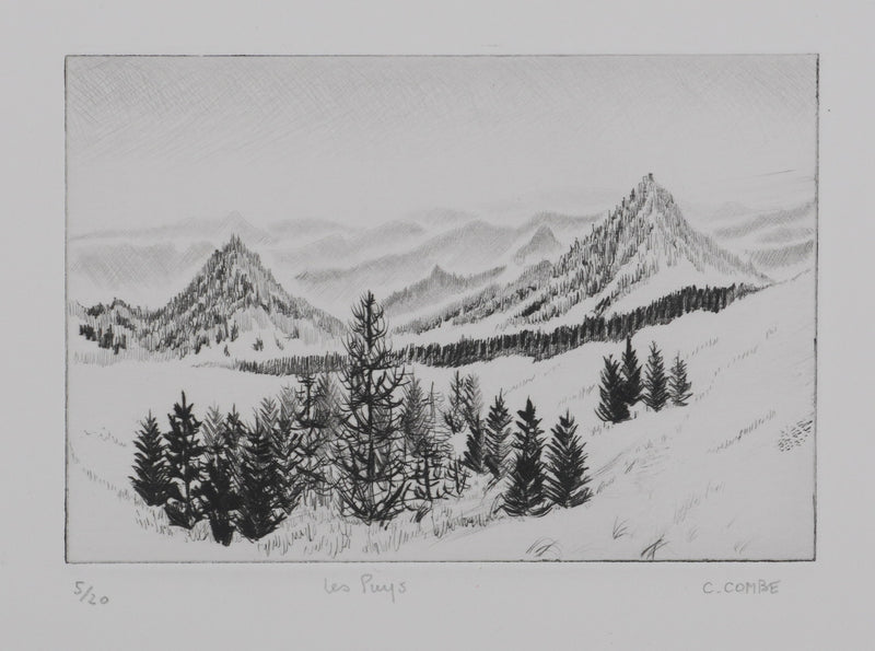 Camille COMBE : Les Puys, Gravure originale signée