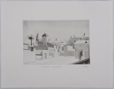 Camille COMBE : Saintes ensoleillée, Gravure originale signée