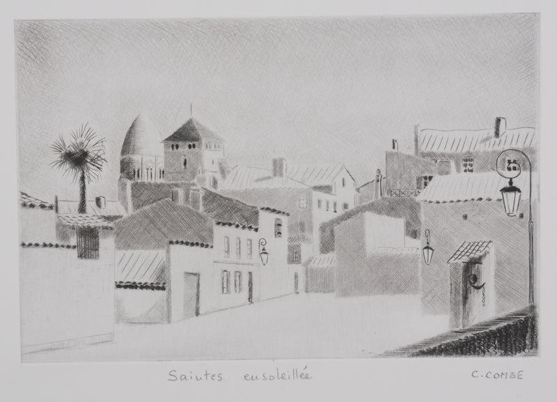 Camille COMBE : Saintes ensoleillée, Gravure originale signée