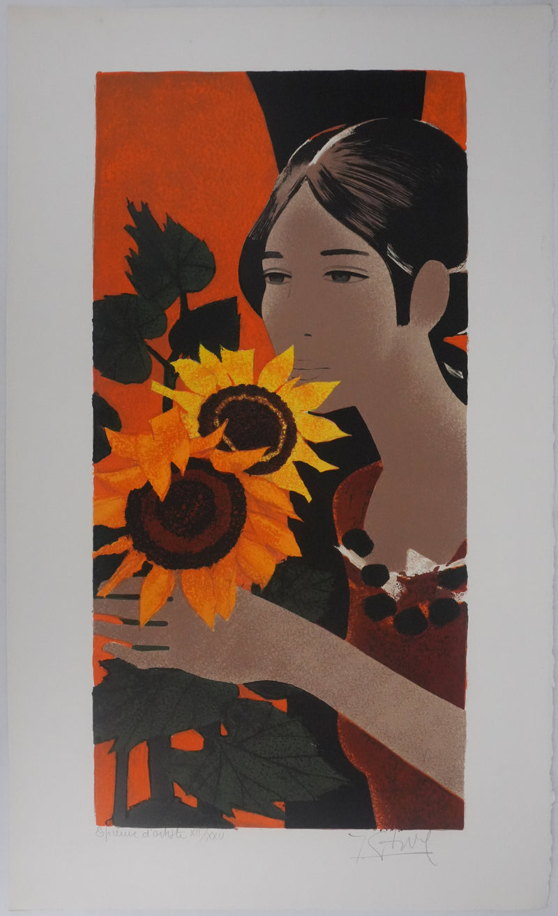 Yves GANNE : Portrait de femme au tournesol, Lithographie originale signée