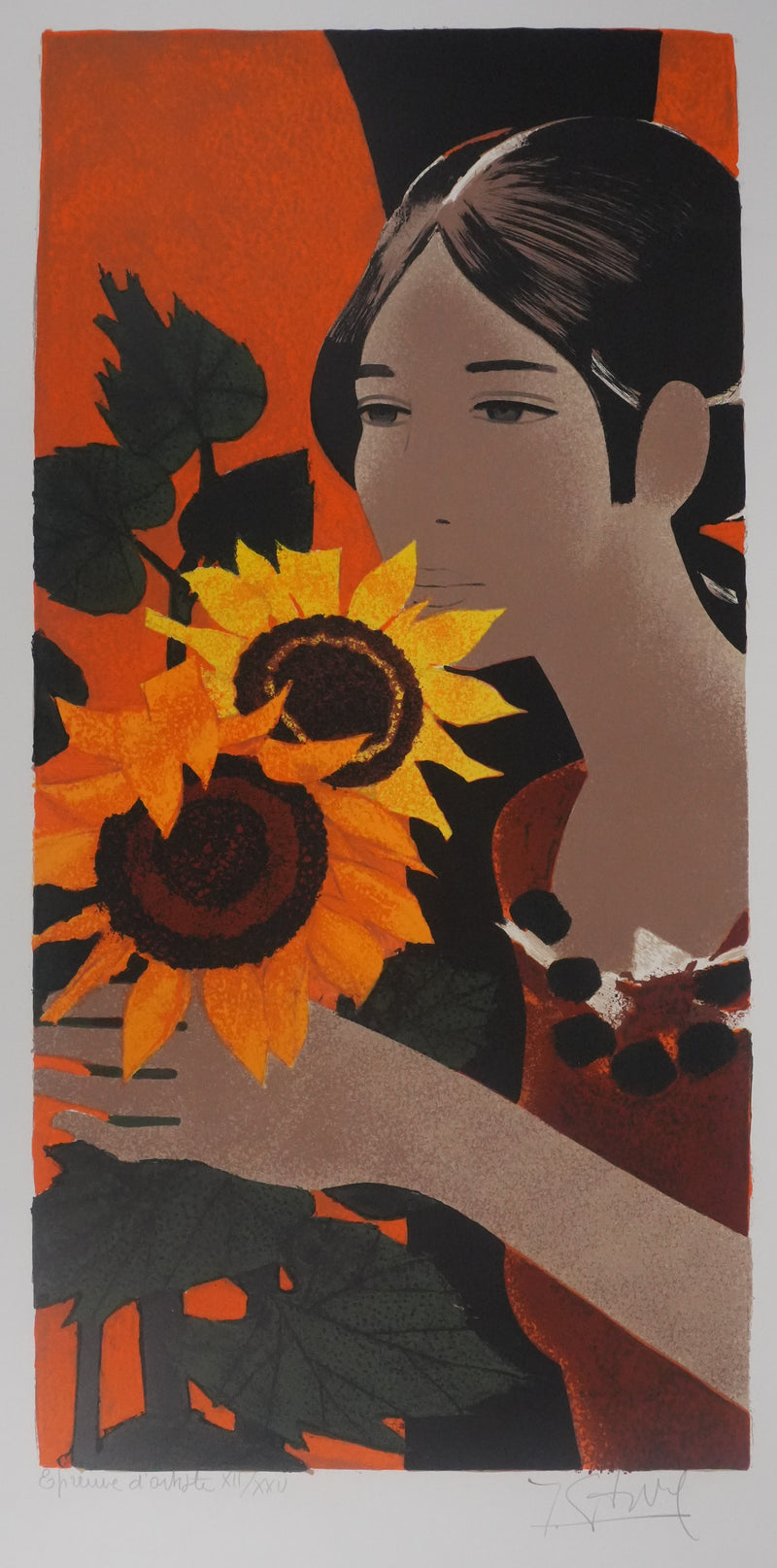 Yves GANNE : Portrait de femme au tournesol, Lithographie originale signée