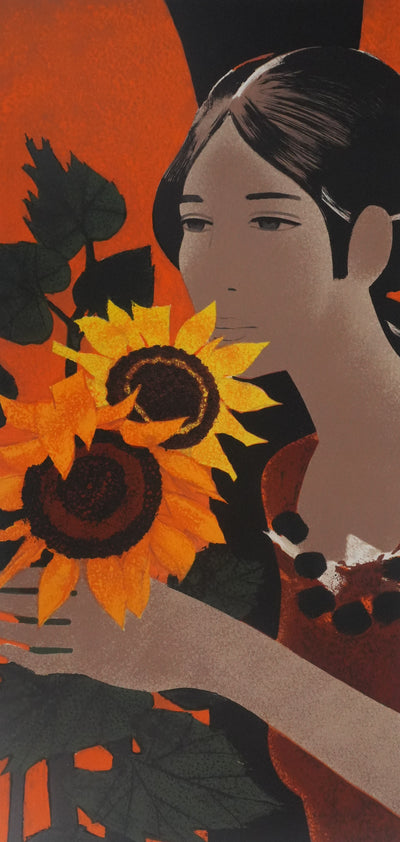 Yves GANNE : Portrait de femme au tournesol, Lithographie originale signée