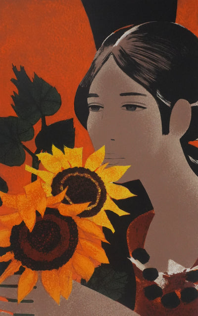 Yves GANNE : Portrait de femme au tournesol, Lithographie originale signée