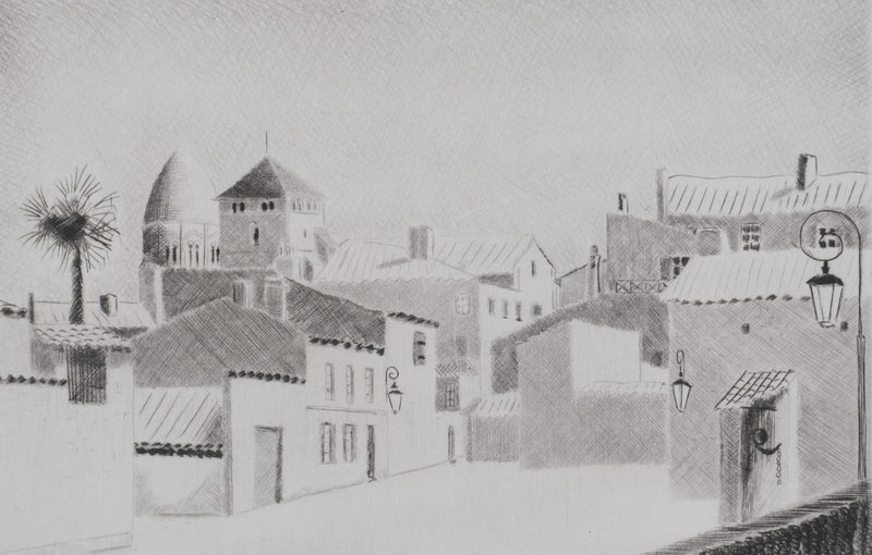 Camille COMBE : Saintes ensoleillée, Gravure originale signée