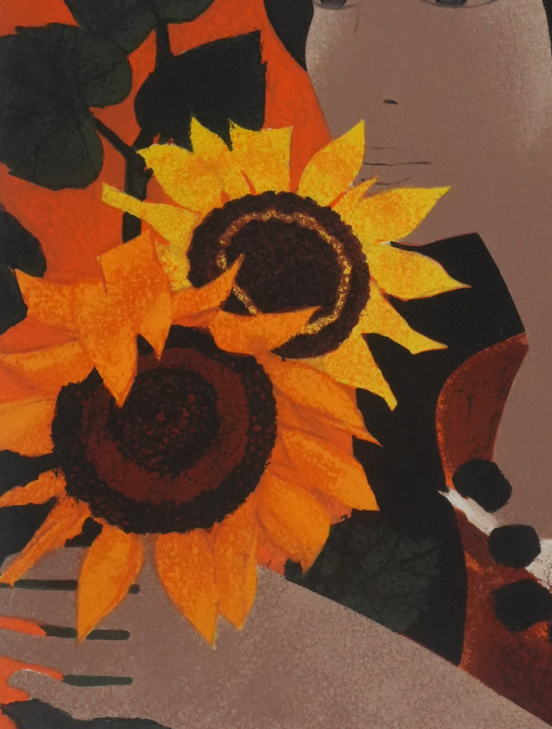 Yves GANNE : Portrait de femme au tournesol, Lithographie originale signée