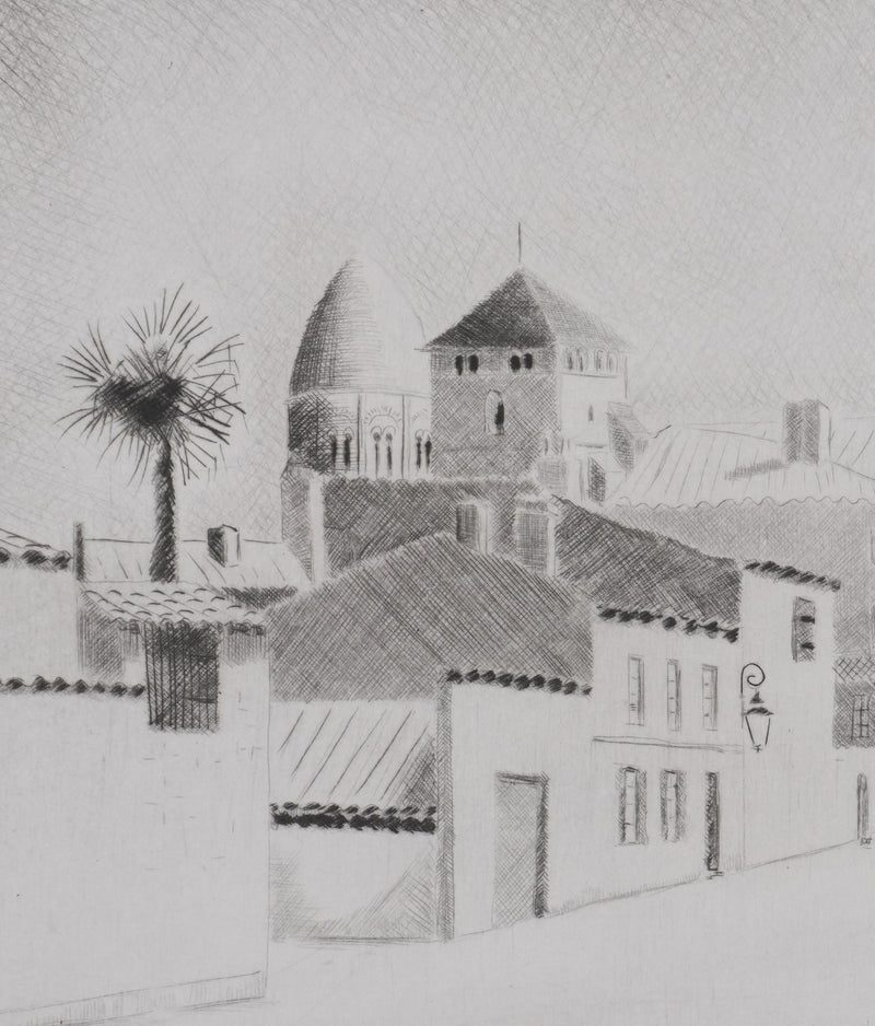 Camille COMBE : Saintes ensoleillée, Gravure originale signée
