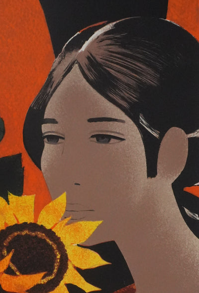 Yves GANNE : Portrait de femme au tournesol, Lithographie originale signée