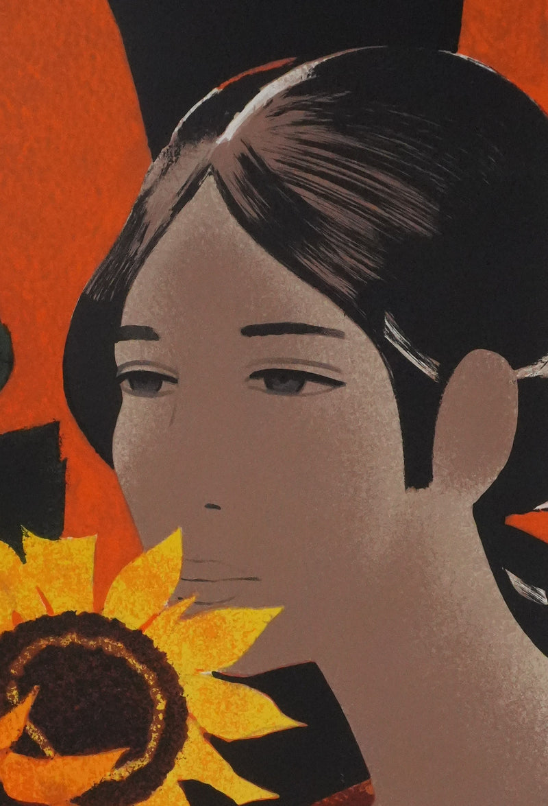 Yves GANNE : Portrait de femme au tournesol, Lithographie originale signée