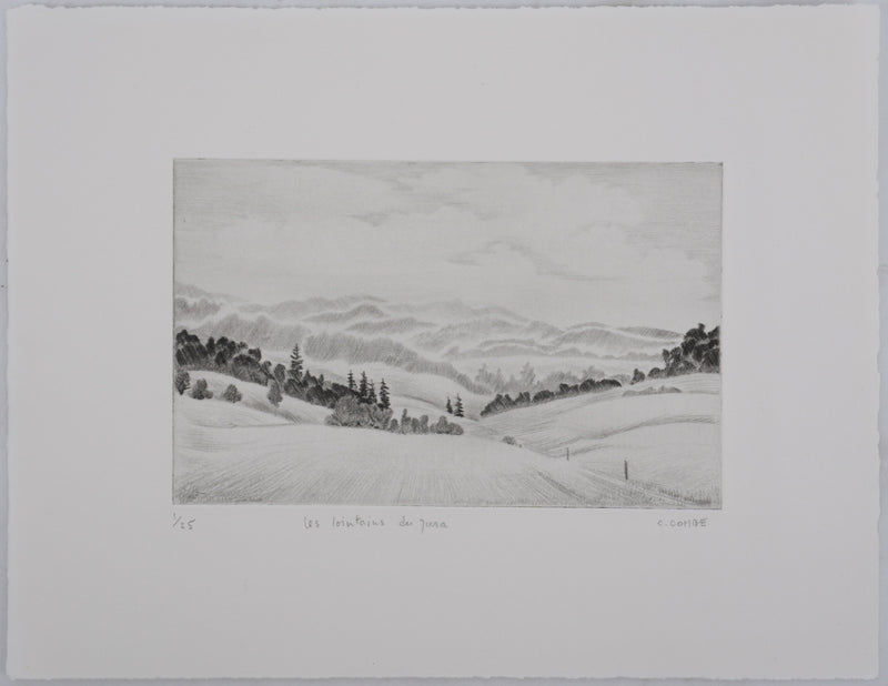 Camille COMBE : Les lointains du Jura, Gravure originale signée