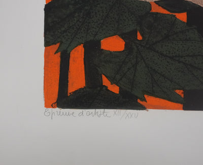 Yves GANNE : Portrait de femme au tournesol, Lithographie originale signée