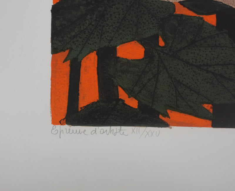 Yves GANNE : Portrait de femme au tournesol, Lithographie originale signée