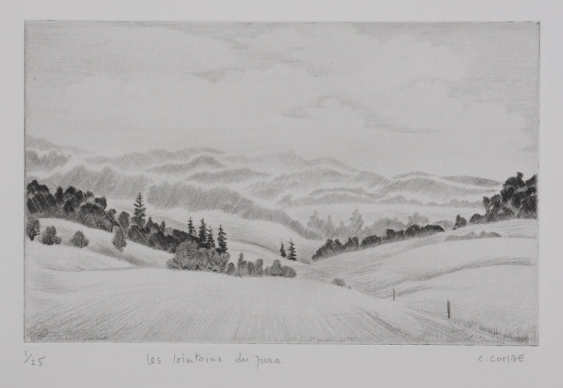Camille COMBE : Les lointains du Jura, Gravure originale signée